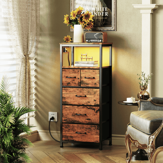 TYDIMOR Small Dresser for Bedroom, 5 Drawer with Charging Station, Brown, Ideal for Adults