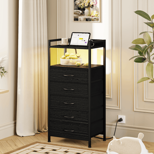 TYDIMOR Tall Dresser for Bedroom, 5 Drawer with Charging Station, Black, Ideal for Adults
