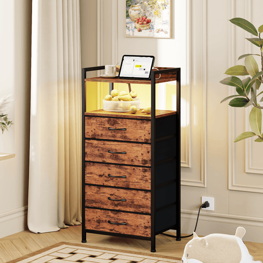 TYDIMOR Tall Dresser for Bedroom, 5 Drawer with Charging Station, Black, Ideal for Adults