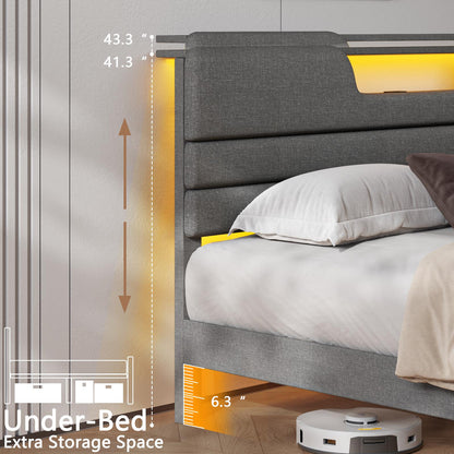 Satifur Dark Gray Bed Frame with Charge Station, King Size Bed Frame with LED Lights & Upholstered Headboard, No Box Spring Needed, Linen Fabric