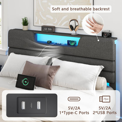 Satifur Dark Gray Bed Frame with Charge Station, Queen Size Bed Frame with LED Lights & Upholstered Headboard, No Box Spring Needed, Linen Fabric