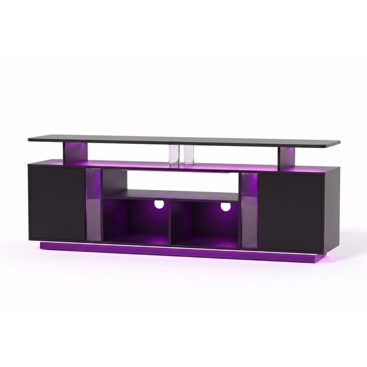 Tydimor 58" Modern Wood‑Panel TV Stand with 2 LED Light Strips, Acrylic Top Panel, 45° Chamfered Handle‑Less Design, 3‑Tier Shelves, 2 Cubbies & Side Storage Cabinets, Black