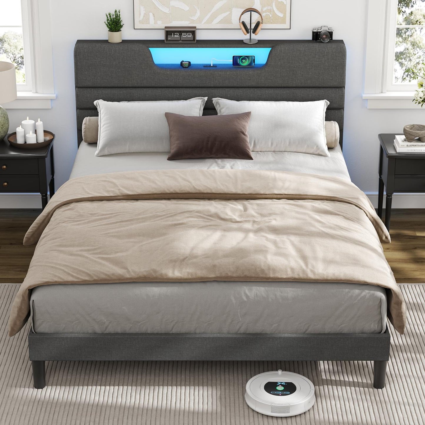 Tydimor Dark Gray Bed Frame with Charge Station, Queen Size Bed Frame with LED Lights & Upholstered Headboard, No Box Spring Needed, Linen Fabric