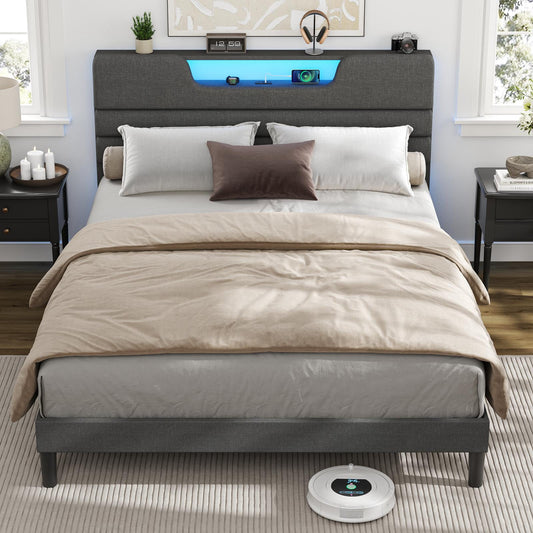 Tydimor Dark Gray Bed Frame with Charge Station, Queen Size Bed Frame with LED Lights & Upholstered Headboard, No Box Spring Needed, Linen Fabric