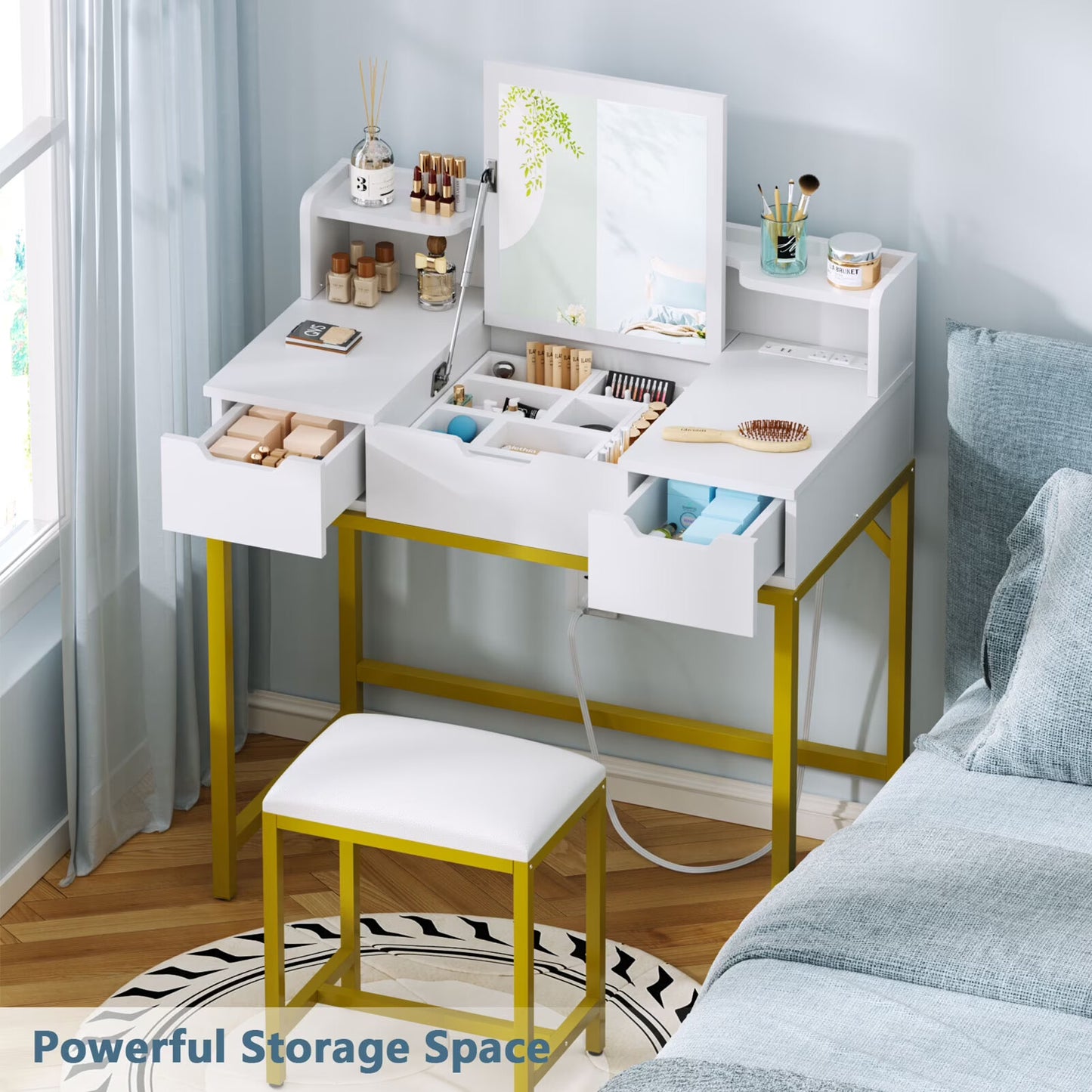 Tydimor Flip-top Vanity Set, Women Dressing Table with Outlets, Makeup Vanity Desk with Mirror, Drawers & Stool