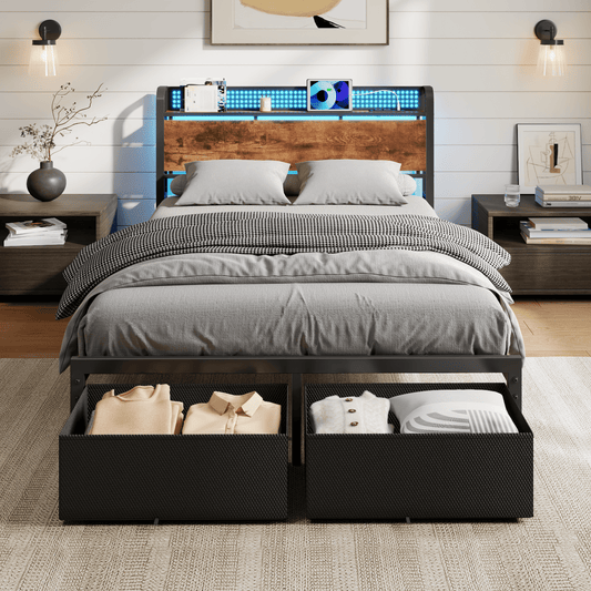 Tydimor Full Bed Frame with 2 Drawers & Storage Headboard, Platform Metal Bed with Charging Station, No Box Spring Needed