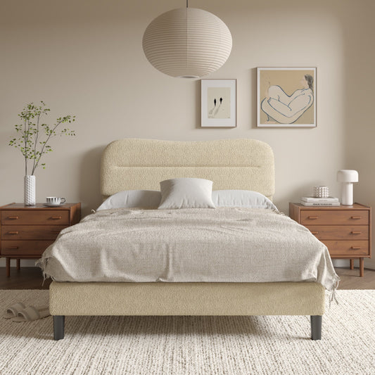 Tydimor Full Bed Frame with Teddy Velvet Soft Curved Headboard, Platform Bed with Wooden Slats Support, Easy Assembly, Noise-Free, Beige