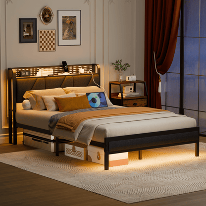 Tydimor Queen Size Metal Smart Bed Frames with Upholstered Headboard, LED Lights, USB Ports and Outlets, Storage Shelves & Underbed