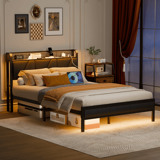 Tydimor Queen Size Metal Smart Bed Frames with Upholstered Headboard, LED Lights, USB Ports and Outlets, Storage Shelves & Underbed