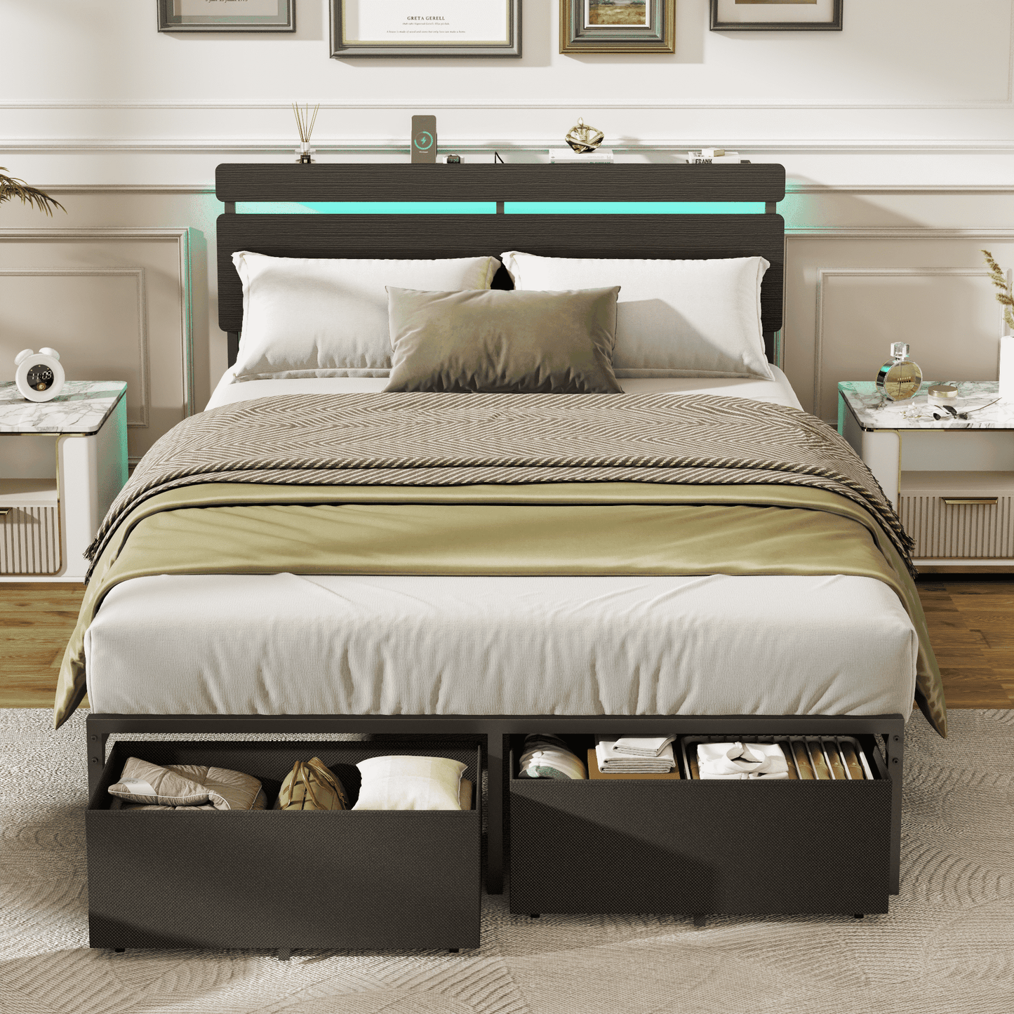 Tydimor Full Size Bed Frame with 2 Drawers & LED Lights & Charging Station, Beds with Headboard & 10.10" Under Bed Storage, No Box Spring Needed, Easy Assembly, Black