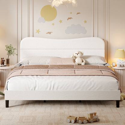 Tydimor King Bed Frame with Teddy Velvet Soft Curved Headboard, Platform Bed with Wooden Slats Support, Easy Assembly, Noise-Free, White