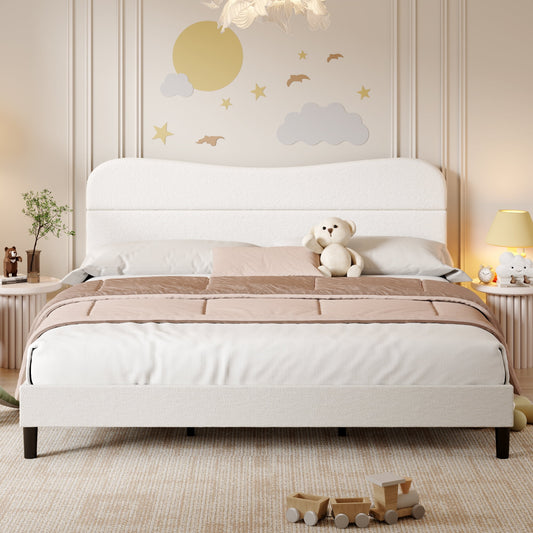 Tydimor King Bed Frame with Teddy Velvet Soft Curved Headboard, Platform Bed with Wooden Slats Support, Easy Assembly, Noise-Free, White