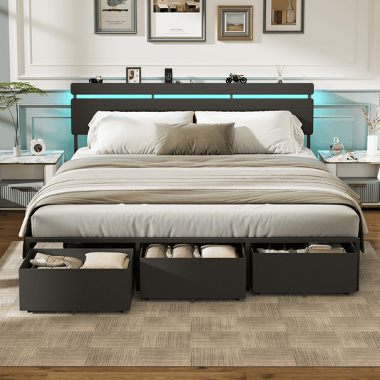 Tydimor King Size Bed Frame with 3 Drawers & LED Lights & Charging Station, Beds with Headboard & 10.10" Under Bed Storage, No Box Spring Needed, Easy Assembly, Black