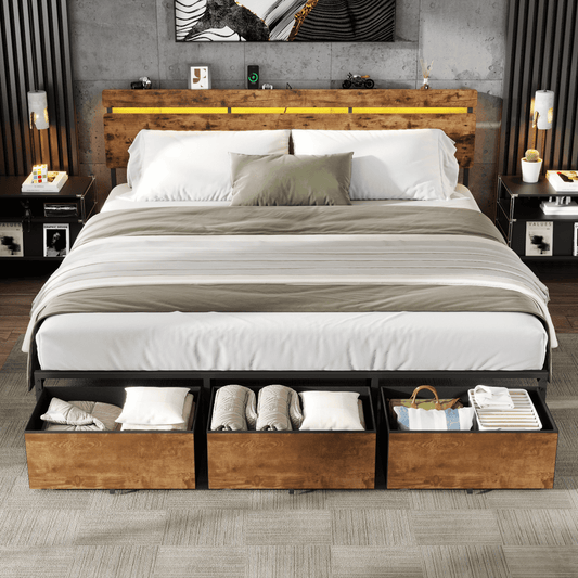 Tydimor King Size Bed Frame with 3 Drawers & LED Lights & Charging Station, Beds with Headboard & 10.10" Under Bed Storage, No Box Spring Needed, Easy Assembly, Rustic Brown
