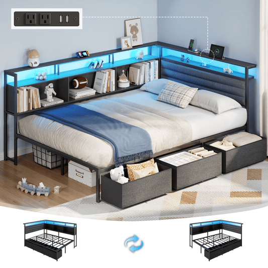 Tydimor L-Shaped Corner Bed Frame with 3 Storage Drawers, 3 Cubbies & Double-Layer Shelf, LED Lights & Power Outlet, Corner Full Beds for Living Room, Bedroom and Guest, Black
