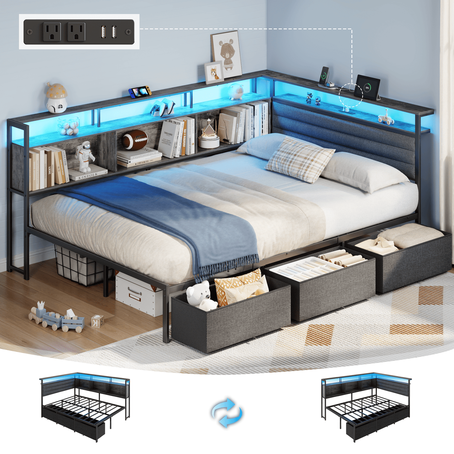 Tydimor L-Shaped Corner Bed Frame with 3 Storage Drawers, 3 Cubbies & Double-Layer Shelf, LED Lights & Power Outlet, Corner Full Beds for Living Room, Bedroom and Guest, Grey Oak