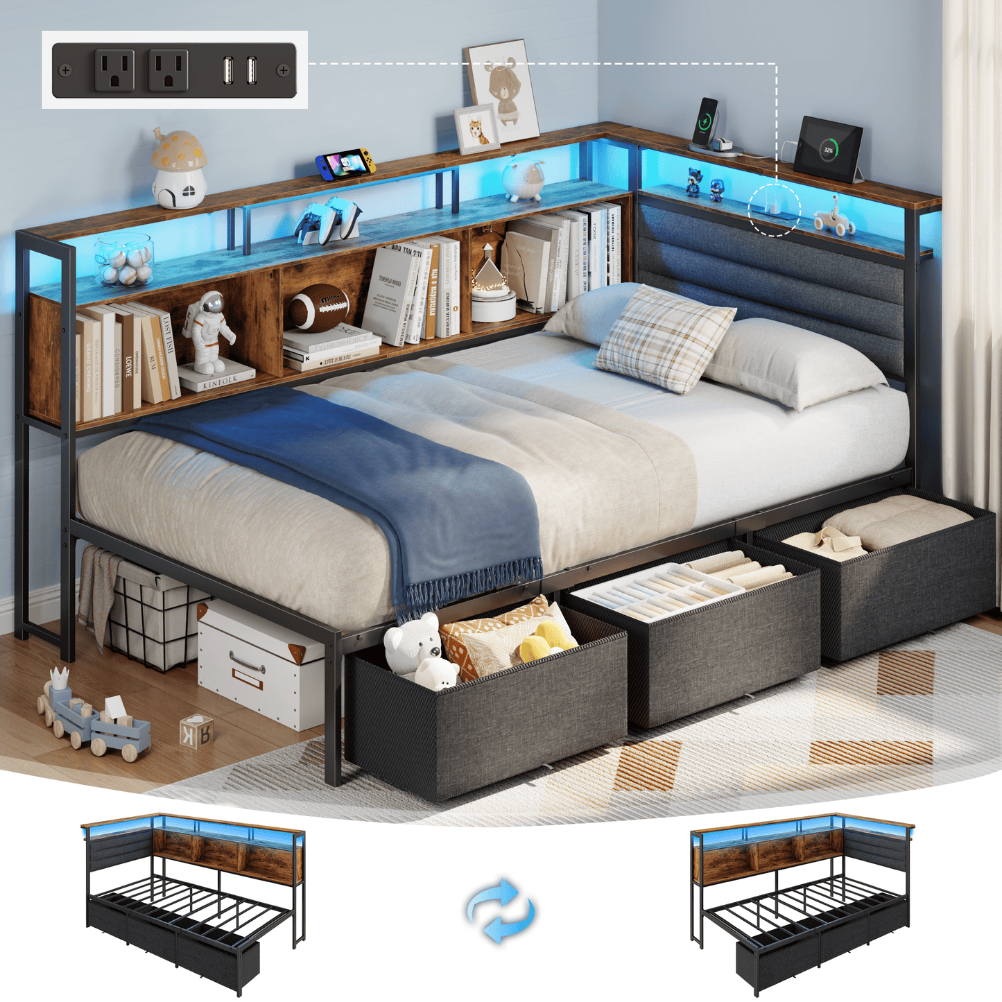 Tydimor L-Shaped Corner Bed Frame with 3 Storage Drawers, 3 Cubbies & Double-Layer Shelf, LED Lights & Power Outlet, L-Shaped Corner Twin Beds for Living Room, Guest and Bedroom, Rustic Brown