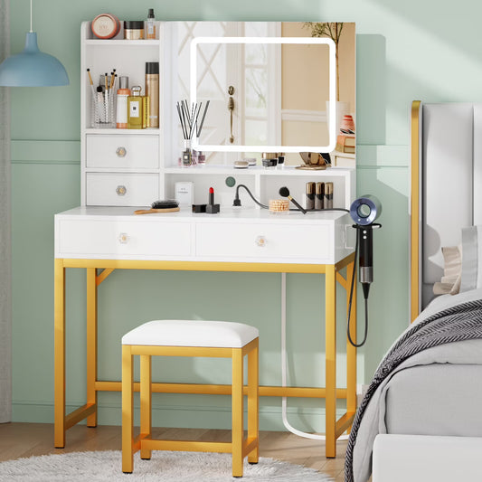 Tydimor Lighted Makeup Vanity Set, Women Dressing Table with Outlets, Vanity Desk with Drawers & Stool