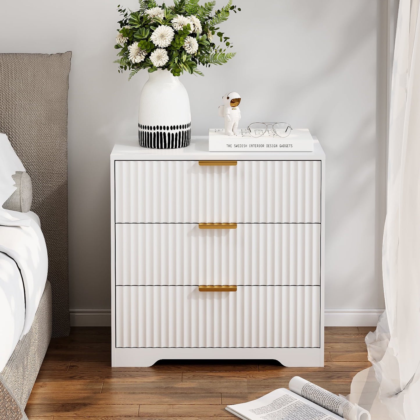 Tydimor Modern Nightstand with 3 Wooden Drawers, Bedside Table for Living Room, White