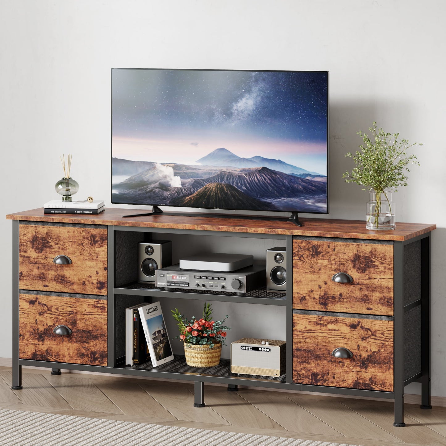 Tydimor Modern TV Stand for 55-60 inch TVs, Home Entertainment Center with 4 Drawers, Media Console with Storage for Living Room, Rustic Brown