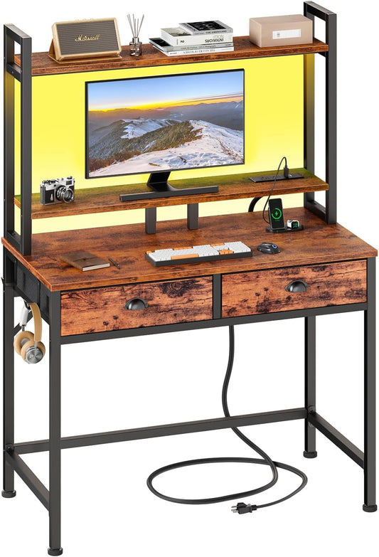 Furologee Small Computer Desk with Power Outlet and 2 Fabric Drawers, Gaming Desk with Light, Home Office Desk with Monitor Stand and Hutch, Study Table with Shelf Rustic Brown