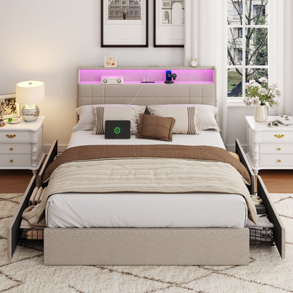 Tydimor Queen Bed Frame with Charging Station, Queen Upholstered Rivet Storage Headboard Platform Beds, Noise-Free, Easy Assembly, Beige