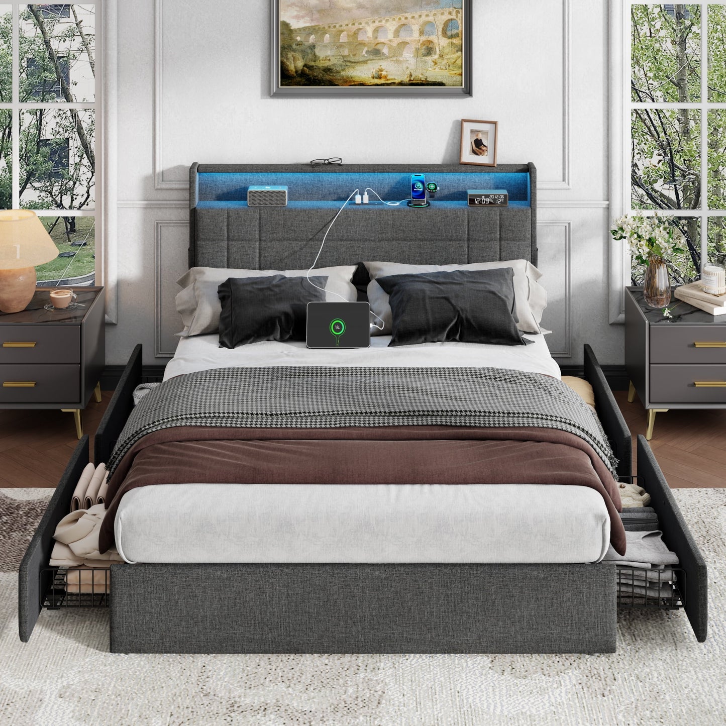 Tydimor Queen Bed Frame with Charging Station, Queen Upholstered Rivet Storage Headboard Platform Beds, Noise-Free, Easy Assembly, Dark Grey