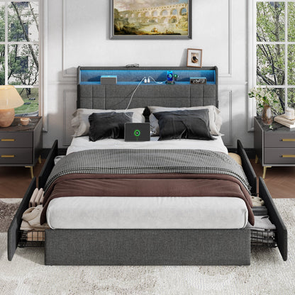 Tydimor Queen Bed Frame with Charging Station, Queen Upholstered Rivet Storage Headboard Platform Beds, Noise-Free, Easy Assembly, Dark Grey