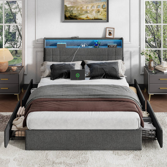 Tydimor Queen Bed Frame with Charging Station, Queen Upholstered Rivet Storage Headboard Platform Beds, Noise-Free, Easy Assembly, Dark Grey