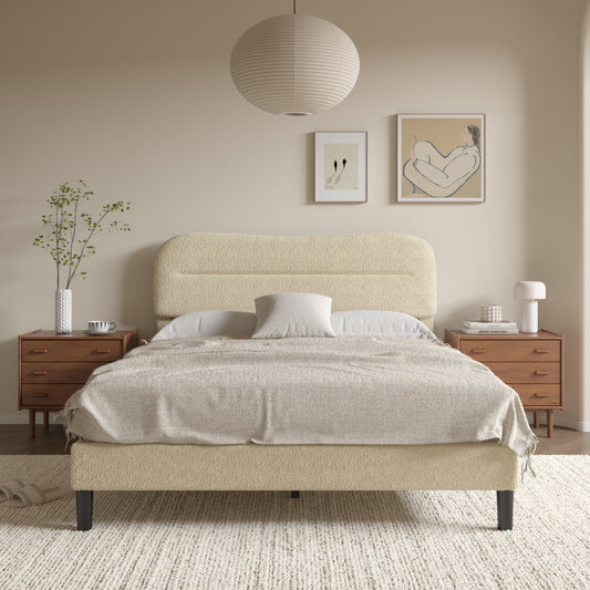 Tydimor Queen Bed Frame with Teddy Velvet Soft Curved Headboard, Platform Bed with Wooden Slats Support, Easy Assembly, Noise-Free, Beige