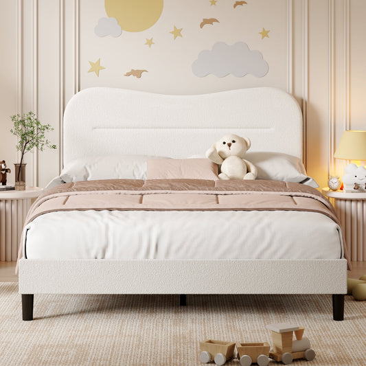 Tydimor Queen Bed Frame with Teddy Velvet Soft Curved Headboard, Platform Bed with Wooden Slats Support, Easy Assembly, Noise-Free, White