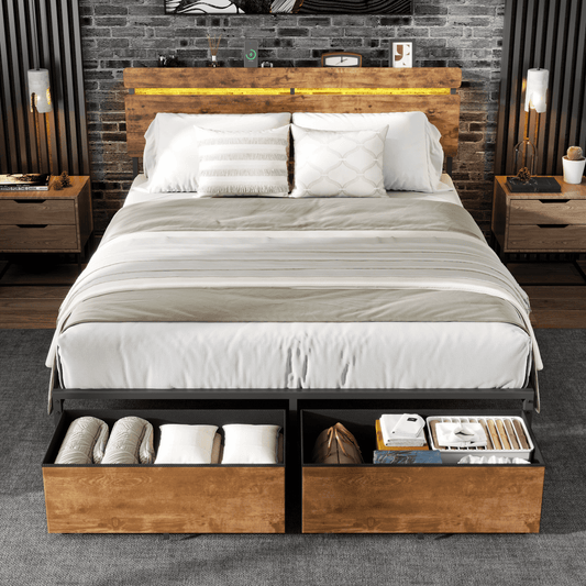 Tydimor Queen Size Bed Frame with 2 Drawers & LED Lights & Charging Station, Beds with Headboard & 10.10" Under Bed Storage, No Box Spring Needed, Easy Assembly, Rustic Brown