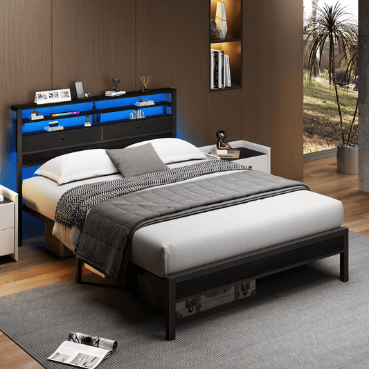 Tydimor Queen Size Bed Frame with 2 Storage Drawers Headboard, LED & Charging Station, Black oack