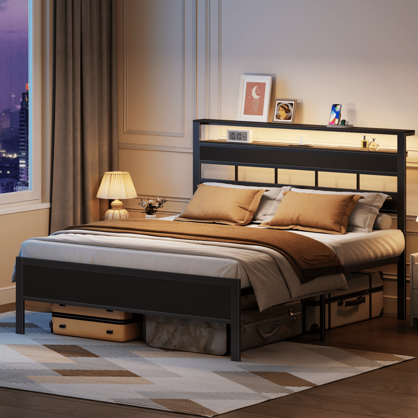 Tydimor LED Lighting Bed Frames Queen with Headboard Storage Shelves, USB Ports Queen Size Platform Bed Frame Steel Slats Support