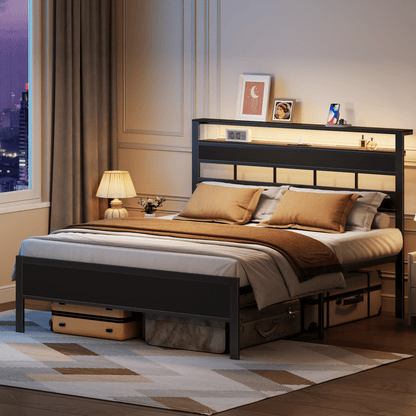 Tydimor LED Lighting Bed Frames Queen with Headboard Storage Shelves, USB Ports Queen Size Platform Bed Frame Steel Slats Support