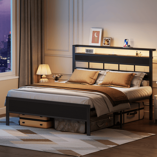 Tydimor LED Lighting Bed Frames Queen with Headboard Storage Shelves, USB Ports Queen Size Platform Bed Frame Steel Slats Support