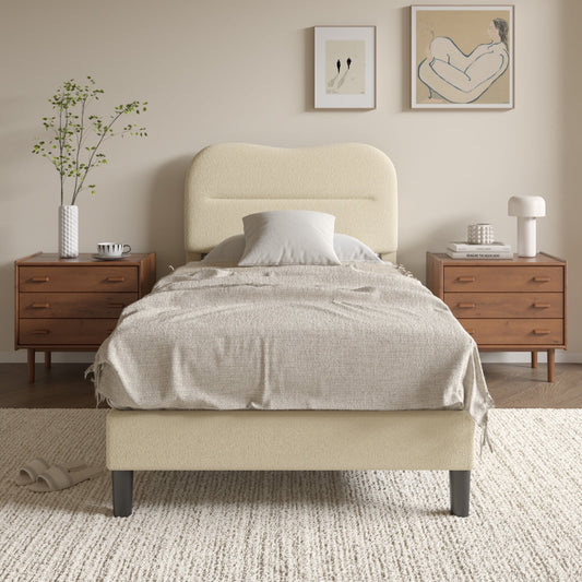 Tydimor Twin Bed Frame with Teddy Velvet Soft Curved Headboard, Platform Bed Easy Assembly, Noise-Free, Beige