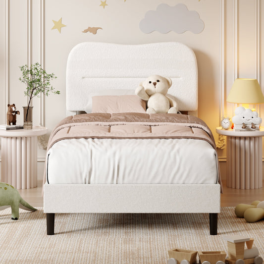 Tydimor Twin Bed Frame with Teddy Velvet Soft Curved Headboard, Platform Bed Easy Assembly, Noise-Free, White