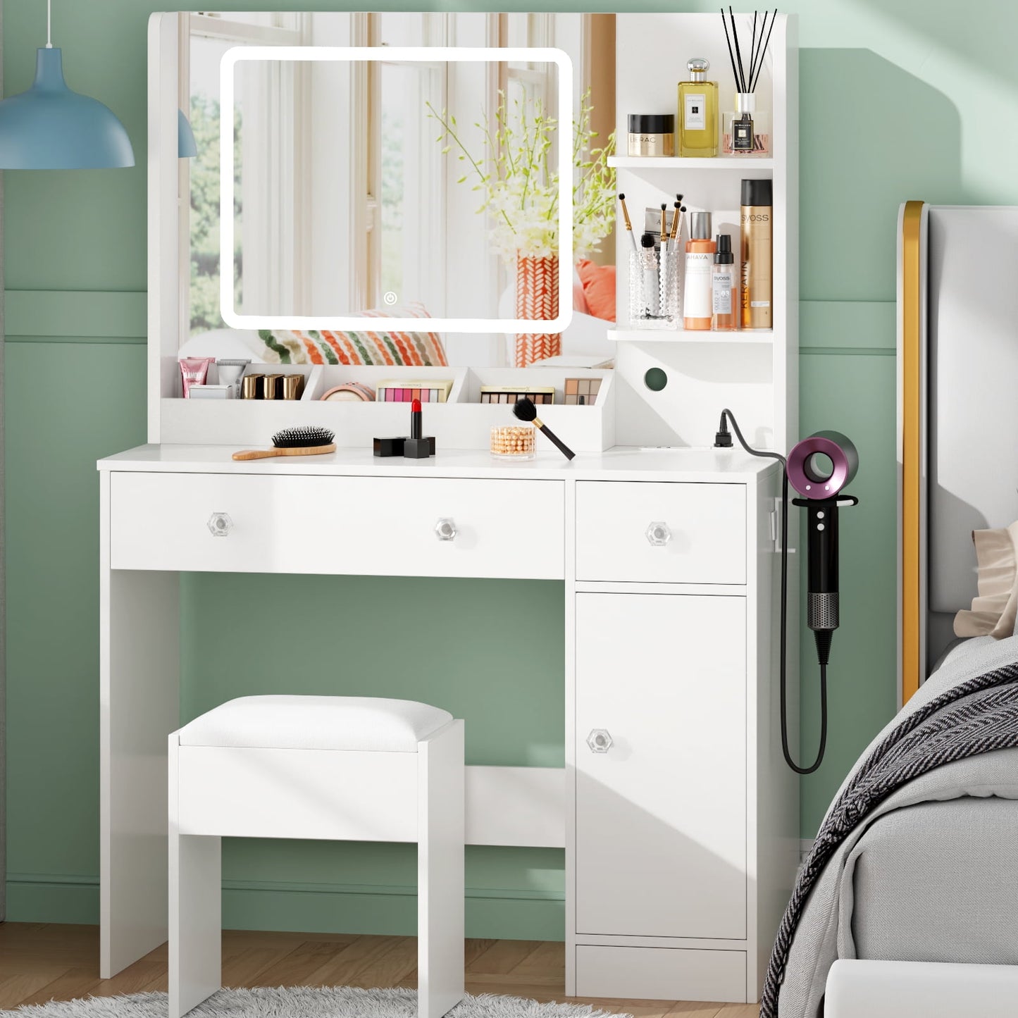 Tydimor Vanity Set with Mirror & Lights, Women Makeup Table with Charging Station, Sturdy Dressing Desk with Drawers & Stool