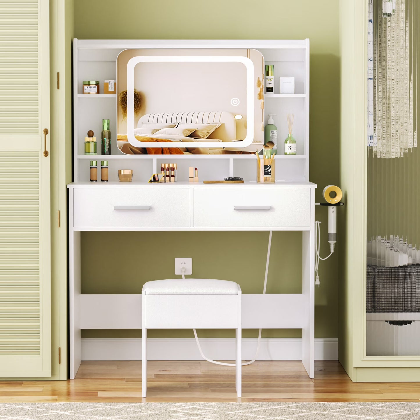 Tydimor Vanity Set with Sliding Mirror & Lights, Women Dressing Table with Outlets, Makeup Vanity Desk with Drawers & Stool