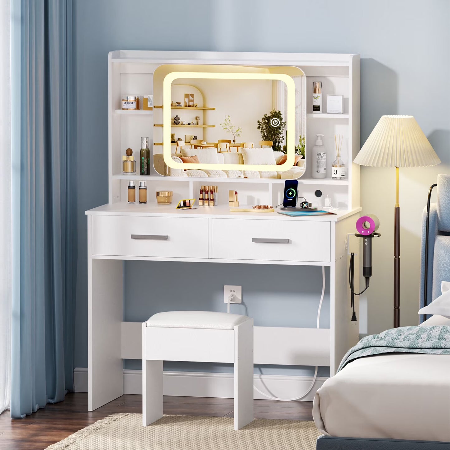 Tydimor Vanity Set with Sliding Mirror & Lights, Women Dressing Table with Outlets, Makeup Vanity Desk with Drawers & Stool