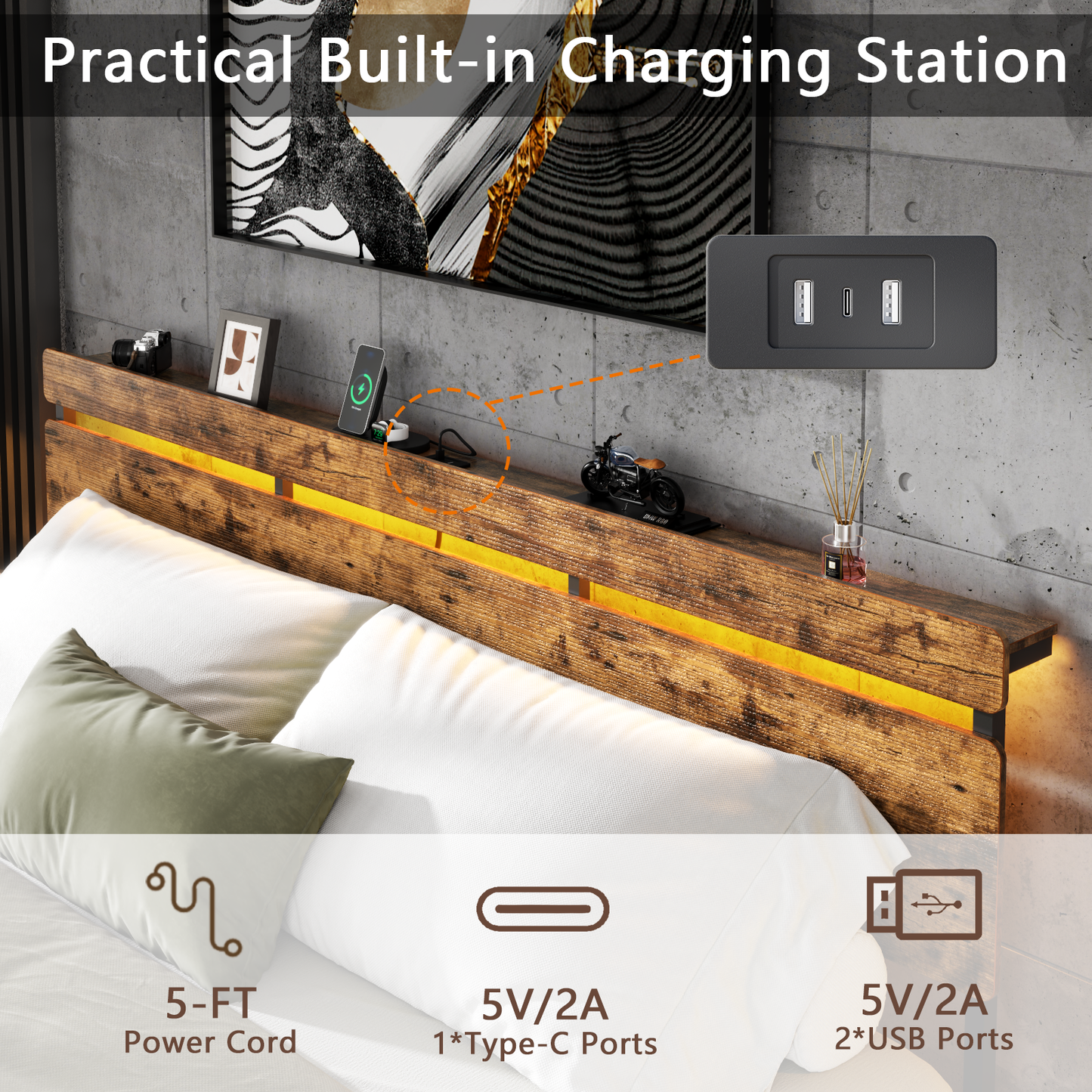 Satifur King Size Bed Frame with 3 Drawers & LED Lights & Charging Station, Beds with Headboard & 10.10" Under Bed Storage, No Box Spring Needed, Easy Assembly, Rustic Brown