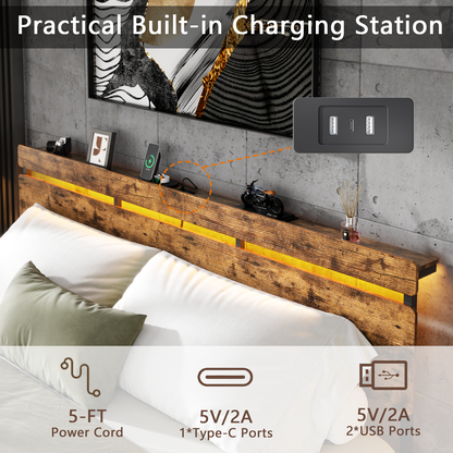 Satifur King Size Bed Frame with 3 Drawers & LED Lights & Charging Station, Beds with Headboard & 10.10" Under Bed Storage, No Box Spring Needed, Easy Assembly, Rustic Brown