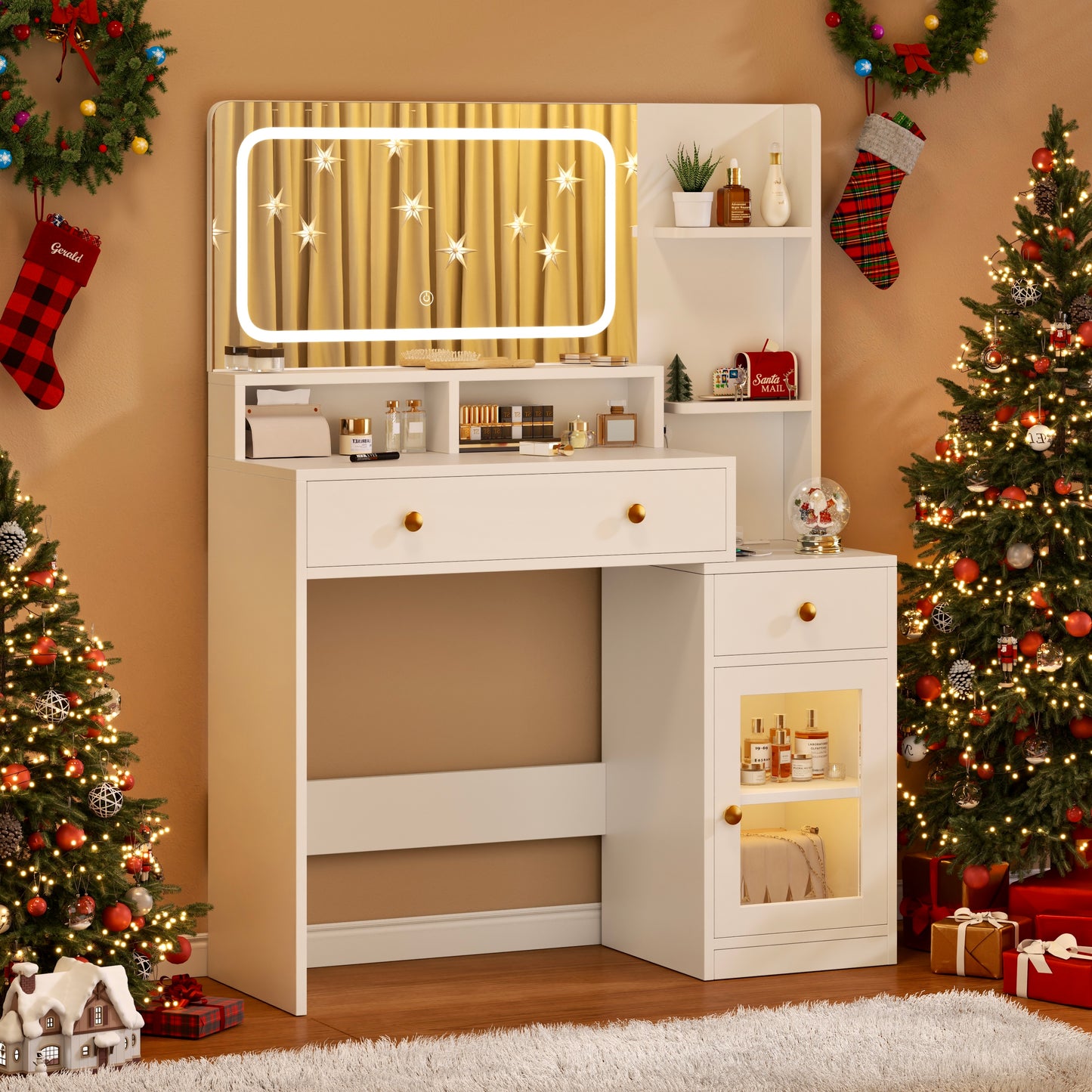 Satifur Modern LED Vanity Desk with Charging Station & Storage & LED Mirror, White Makeup Table for Bedroom