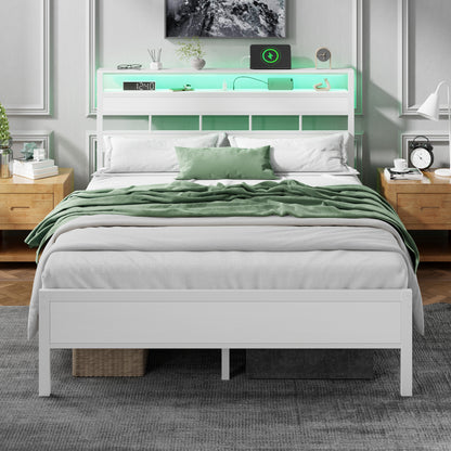 Tydimor Queen Bed Frames with Wood Headboard & 2-Tier Storage Shelves, Queen Size Platform Bed with Charging Station and LED Lights, No Box Spring Needed, White