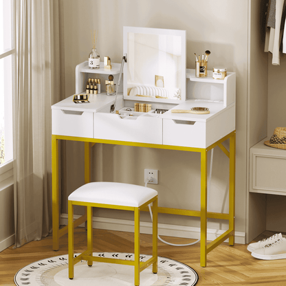 Hexmn makeup vanities Set with Flip-Top Mirror, white dressing tables with Built-in Power Outlets for bathroom bedroom