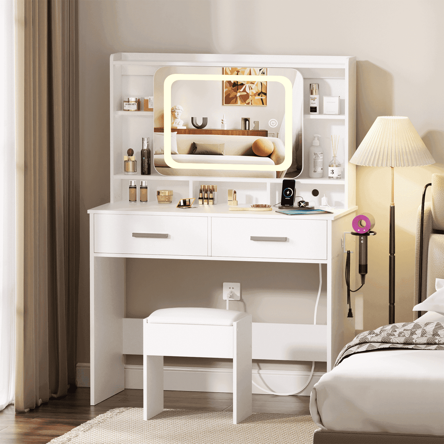 Hexmn sliding lighted mirror Vanity Set with charging station, makeup bathroom dressing tables with drawers storage for adult