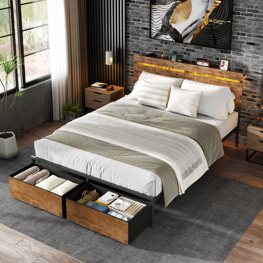 Satifur Queen Size Bed Frame with 2 Drawers & LED Lights & Charging Station, Beds with Headboard & 10.10" Under Bed Storage, No Box Spring Needed, Easy Assembly, Rustic Brown