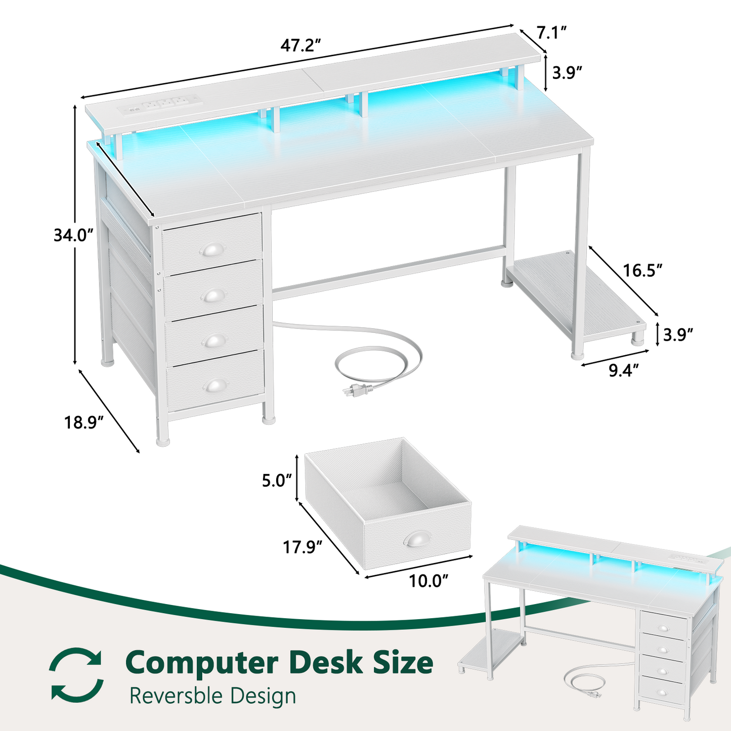 Satifur 47 inch Computer Desk with Power Outlets, Home Office Desk with 4 Drawers, Writing Desk with Removable Monitor Shelf & CPU Stand, White