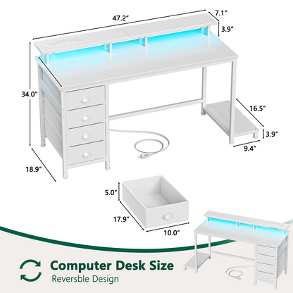 Satifur 47 inch Computer Desk with Power Outlets, Home Office Desk with 4 Drawers, Writing Desk with Removable Monitor Shelf & CPU Stand, White